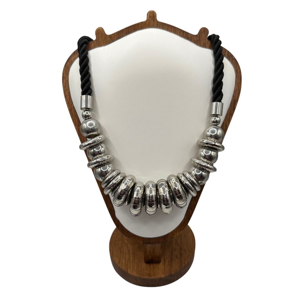 VTG Statement Necklace Silver Tone Chunky Beads Black Cord Gothic Whimsigoth